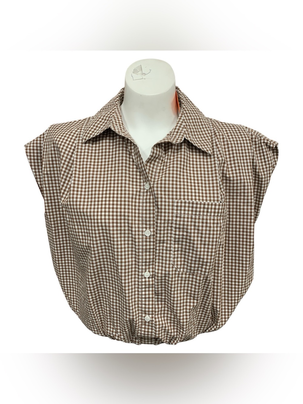 Zara Brown Gingham Button-Front Cap-Sleeve Top Size S